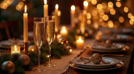 Fototapeta premium Elegant holiday table setting with champagne flutes, candles, and festive decorations aglow in warm candlelight, creating a cozy and celebratory atmosphere