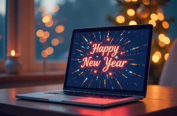Happy new year on laptop monitor screen, festive New Year background. Bokeh, Christmas tree, blurred background, fireworks.