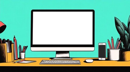 Modern Desk Workspace  Computer  Phone    Supplies