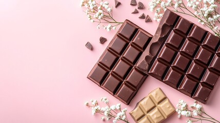 A set of chocolate bars in artisanal packaging, isolated on a pastel background with small decorative flowers