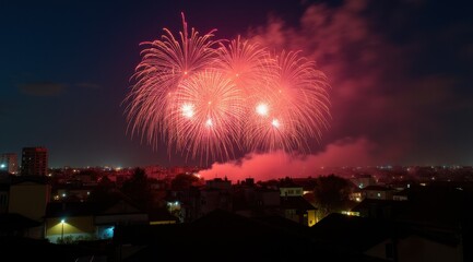 Vibrant red fireworks lighting up a night city skyline during new year celebrations