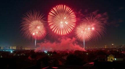 Obraz premium Vibrant red fireworks lighting up a night city skyline during new year celebrations