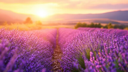 Obraz premium Lavender Field at Sunset with Sunbeams Shining Through