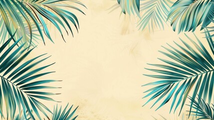 Obraz premium Tropical palm leaves, greenery, background with a soft beige color, perfect for summer themes and relaxation, creating a peaceful atmosphere and a natural vibe
