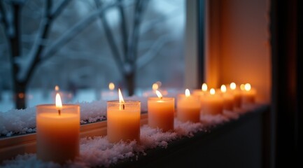 Lit candles on a snowy windowsill with frost and a cozy glow during a winter evening
