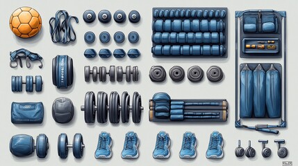 A collection of fitness equipment including weights, shoes, and accessories for workouts.