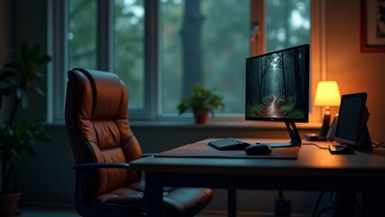 Fototapeta premium A cozy home office setup featuring a sleek computer monitor displaying a serene mountain landscape. The desk is adorned with a lamp, plants, and accessories, creating a productive and inviting workspa
