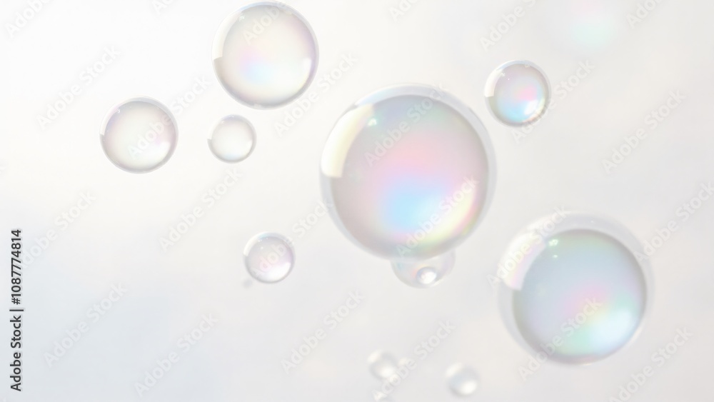 Poster close-up of colorful, translucent soap bubbles with iridescent reflections floating against a bright