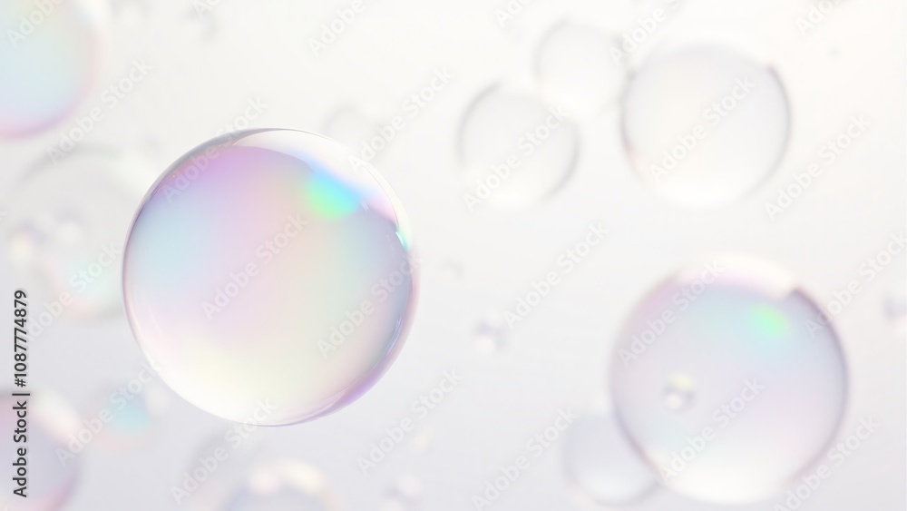 Poster close-up of colorful, translucent soap bubbles with iridescent reflections floating against a bright