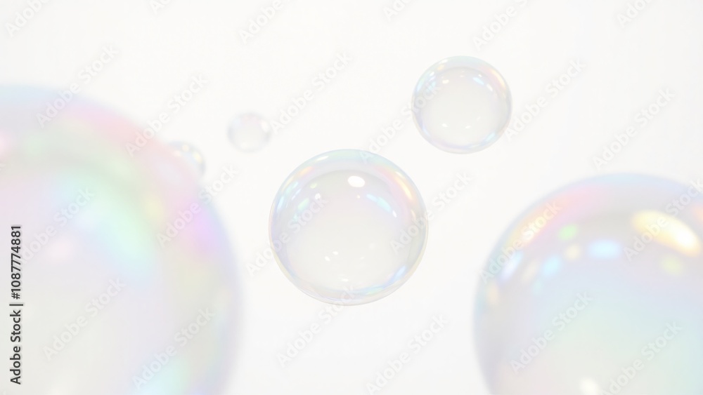 Poster close-up of colorful, translucent soap bubbles with iridescent reflections floating against a bright