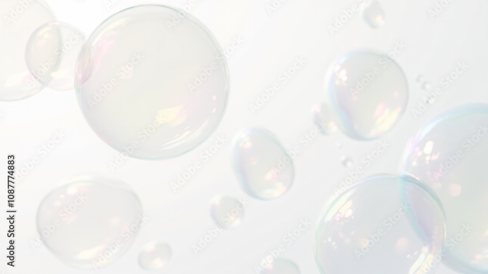 Poster close-up of colorful, translucent soap bubbles with iridescent reflections floating against a bright
