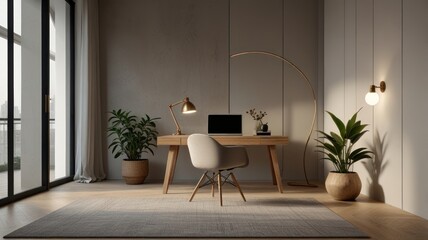 Here's a caption and keywords for your stock photo.. Minimalist home office with wooden desk, comfortable chair, plants, and natural light.