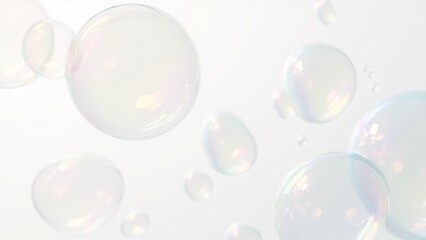 Obraz premium Close-up of colorful, translucent soap bubbles with iridescent reflections floating against a bright white background. Perfect for themes of purity, playfulness, and lightness. Ideal for creative, abs
