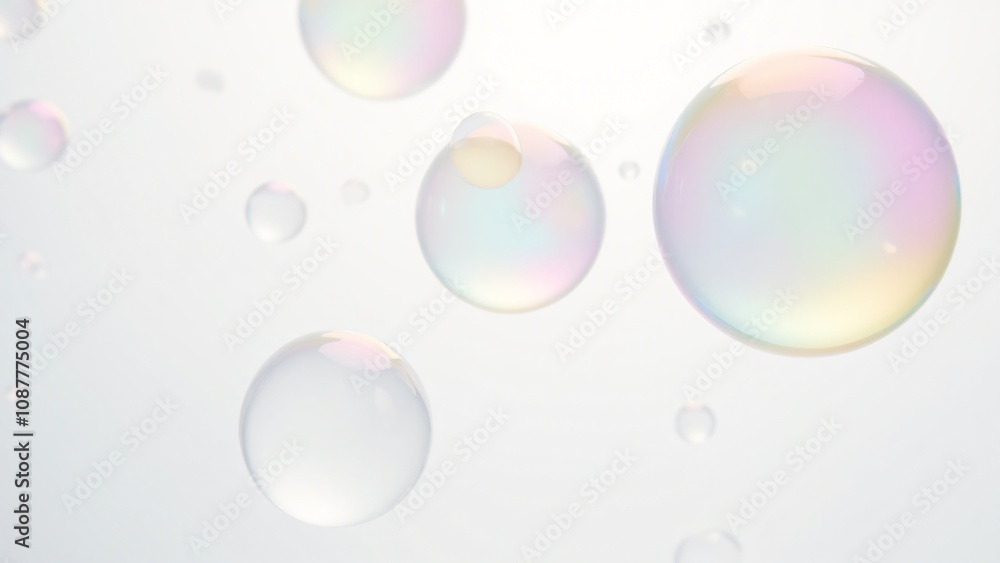 Poster close-up of colorful, translucent soap bubbles with iridescent reflections floating against a bright
