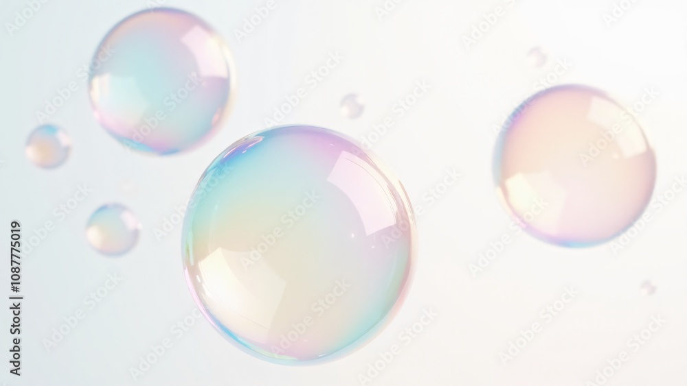 Poster close-up of colorful, translucent soap bubbles with iridescent reflections floating against a bright