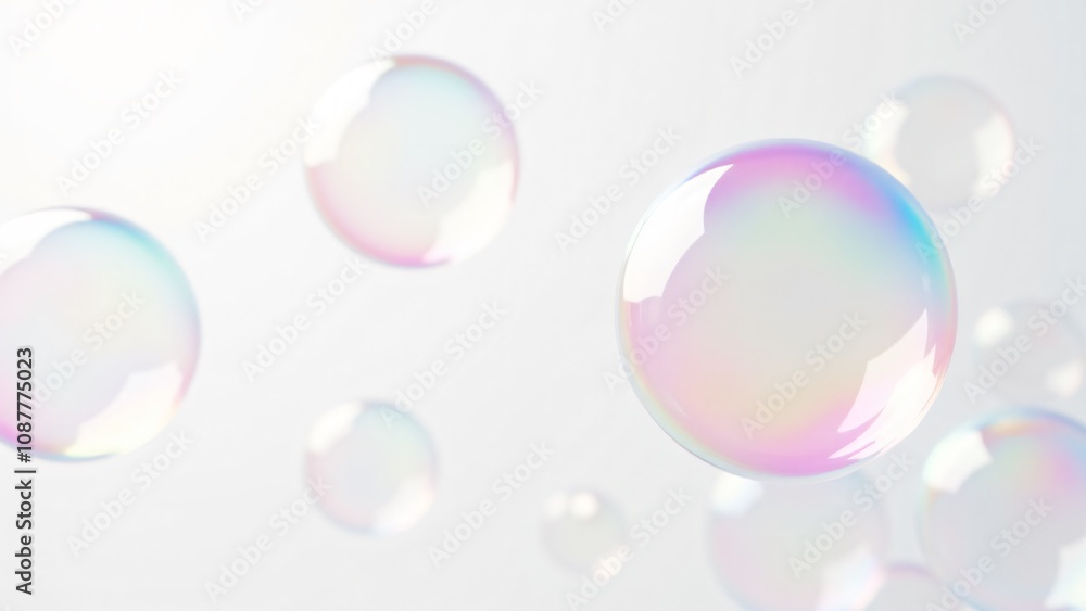 Poster close-up of colorful, translucent soap bubbles with iridescent reflections floating against a bright