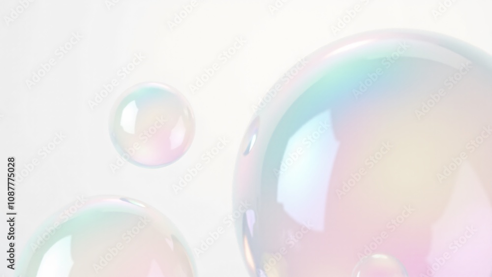 Poster close-up of colorful, translucent soap bubbles with iridescent reflections floating against a bright