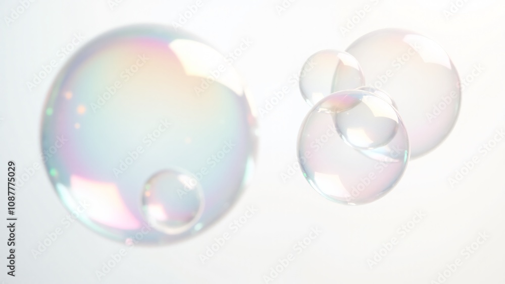 Poster close-up of colorful, translucent soap bubbles with iridescent reflections floating against a bright