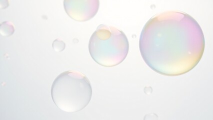 Close-up of colorful, translucent soap bubbles with iridescent reflections floating against a bright white background. Perfect for themes of purity, playfulness, and lightness. Ideal for creative, abs