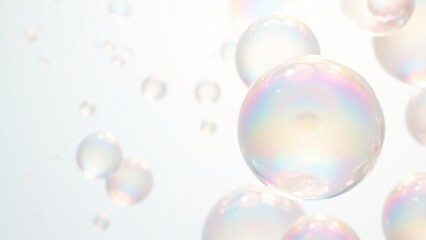 Close-up of colorful, translucent soap bubbles with iridescent reflections floating against a bright white background. Perfect for themes of purity, playfulness, and lightness. Ideal for creative, abs