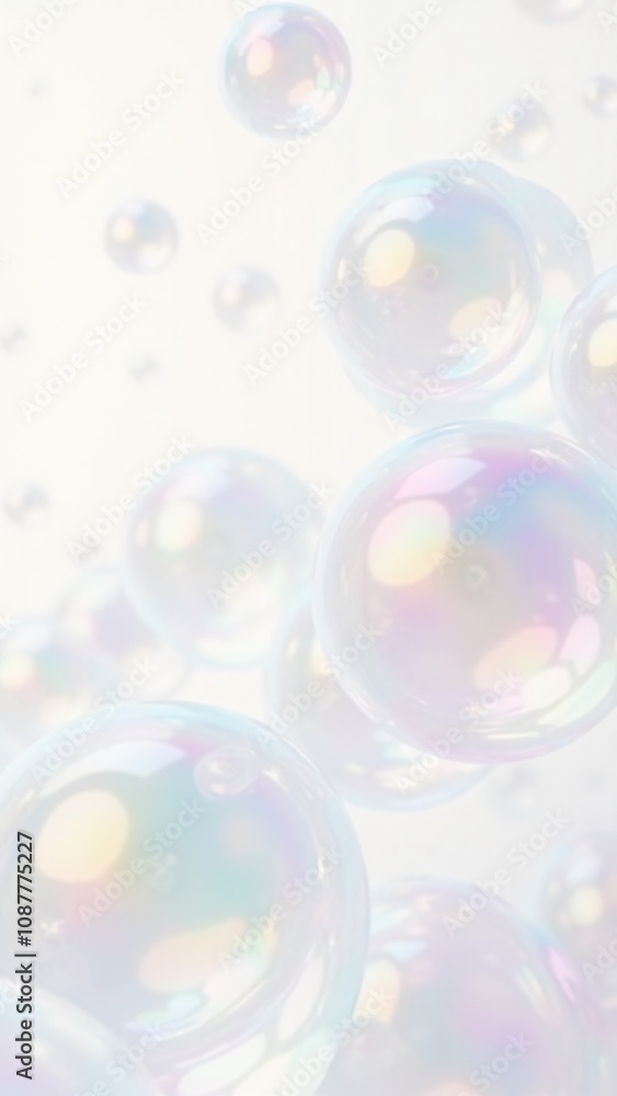 Poster close-up of colorful, translucent soap bubbles with iridescent reflections floating against a bright