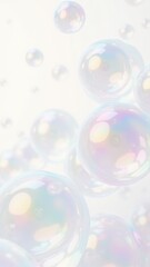 Close-up of colorful, translucent soap bubbles with iridescent reflections floating against a bright white background. Perfect for themes of purity, playfulness, and lightness. Ideal for creative, abs