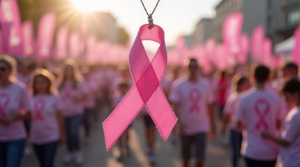 cancer awareness ribbon prominently displayed against a backdrop of a World Cancer Day event, featuring people wearing the ribbon and engaging in activities to promote awareness