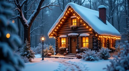 Naklejka premium Cozy cabin in the snow with glowing lights and warm holiday decorations on a winter night