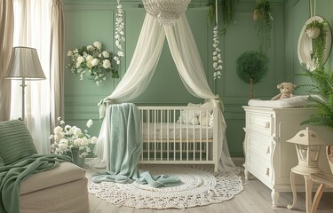 A beautifully decorated nursery with a green theme