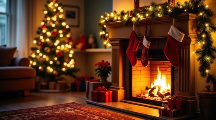 A cozy holiday scene with stockings hanging on a fireplace mantle, surrounded by festive decorations