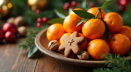 A rustic wooden table with a bowl of vibrant oranges, gingerbread cookies, nuts, and evergreen branches, evoking a festive holiday atmosphere