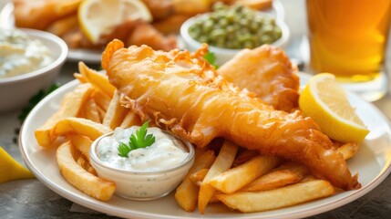 A plate of crispy fish and chips with golden battered fish fillets and thick-cut fries, served with a side of tartar sauce and lemon wedges