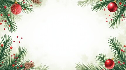 Christmas border with intricately illustrated fir tree branches, adorned with shiny balls and lush berries, paired with delicate watercolor textures of spruce and pine cones, all set against a clean