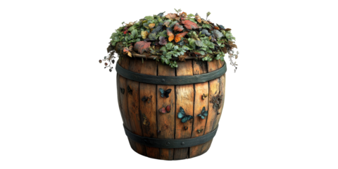 Wooden Barrel Planter with Flowers Isolated on Transparent Background.