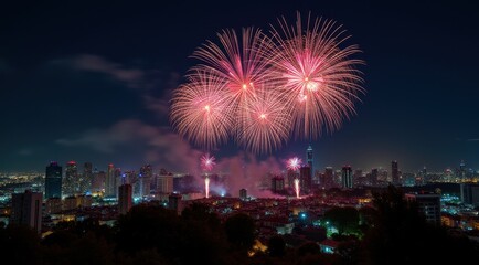 Vibrant red fireworks lighting up a night city skyline during new year celebrations
