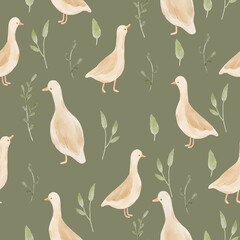 Watercolor seamless pattern with cute geese and wildflowers. Hand-drawn kids pattern with white goose.