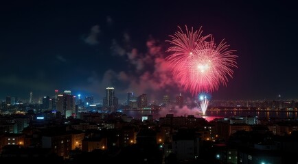 Vibrant red fireworks lighting up a night city skyline during new year celebrations