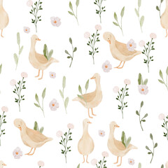 Obraz premium Watercolor seamless pattern with cute geese and wildflowers. Hand-drawn kids pattern with white goose.