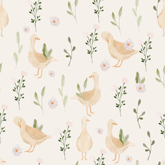 Watercolor seamless pattern with cute geese and wildflowers. Hand-drawn kids pattern with white goose.