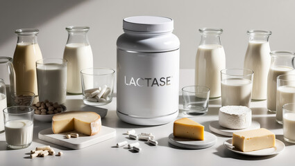 Lactase tablets in a jar, various cheeses, milk, dairy products