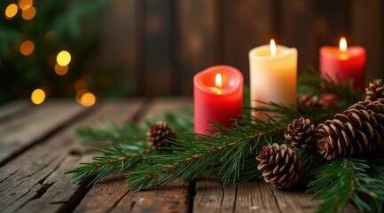 Festive candles illuminate pine branches and cones on a rustic wooden table, creating a warm, cozy holiday atmosphere
