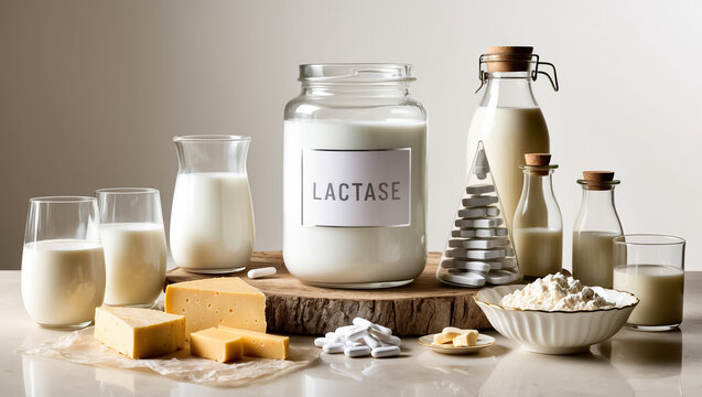 Lactase tablets in a jar, various cheeses, milk, dairy products