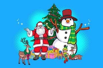 (Multiplmerry christmas santa snowman reindeer elf Christmas woman in red dress in pop art comic stylee values)