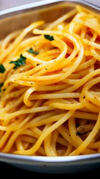 Close-up view of a portion of spaghetti coated in a light orange sauce, possibly aglio e olio