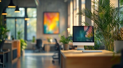 Modern office interior with a computer, plants, and artwork, promoting a creative workspace.