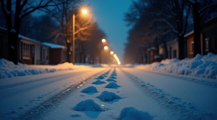 Winter street at dusk with glowing lampposts and fresh tire tracks in the snow creates a serene and peaceful urban scene