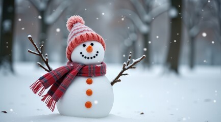 Fototapeta premium A cheerful snowman with a scarf and hat, surrounded by a snowy landscape in a winter park