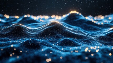 Abstract blue and gold landscape with twinkling lights.