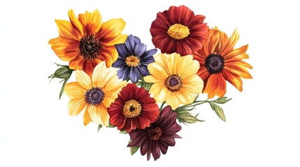 Naklejka premium Vibrant Heart Shaped Floral Arrangement with Multicolored Blooms