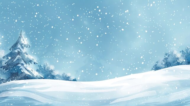 watercolor illustration, vintage postcard, World Snow Day, winter landscape, snow-covered coniferous forest, fir branch, blue background, copy space, free space for text